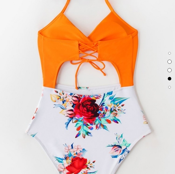 Cupshe Swim Nwt Orange White Floral Highwaisted Halter Onepiece